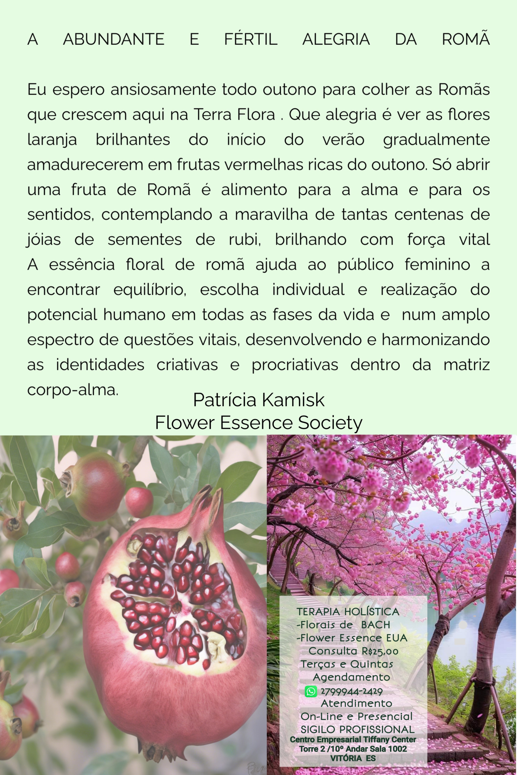 A ABUNDANTE E FÉRTIL ALEGRIA DA ROMÃ  Eu espero ansiosamente todo outono para colher as Romãs que crescem aqui na Terra Flora . Que alegria é ver as flores laranja brilhantes do início do verão gradualmente amadurecerem em frutas vermelhas ricas do outono. Só abrir uma fruta de Romã é alimento para a alma e para os sentidos, contemplando a maravilha de tantas centenas de jóias de sementes de rubi, brilhando com força vital A essência floral de romã ajuda as mulheres a encontrar equilíbrio, escolha individual e realização do potencial humano em todas as fases da vida e  num amplo espectro de questões vitais, desenvolvendo e harmonizando as identidades criativas e procriativas dentro da matriz corpo-alma.Patrícia Kamisk Flower Essence Society .  TERAPIA  HOLÍSTICA: Florais de Bach (ingleses) Florais da Califórnia (Norte-americanos). Consulta  R$25,00 Atendimento ON-LINE e Presencia. SIGILO PROFISSIONAL. Fornecemos as essências importadas (lacre e selo de autenticidade) através de encomenda direta com o distribuidor autorizado.